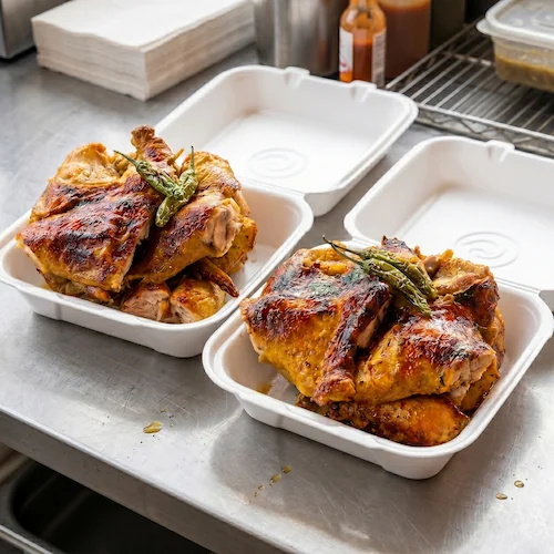 Dos pollos asados al carbón preparados para llevar