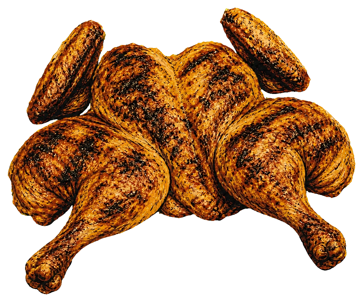 Ilustración de un pollo entero dorado al carbón